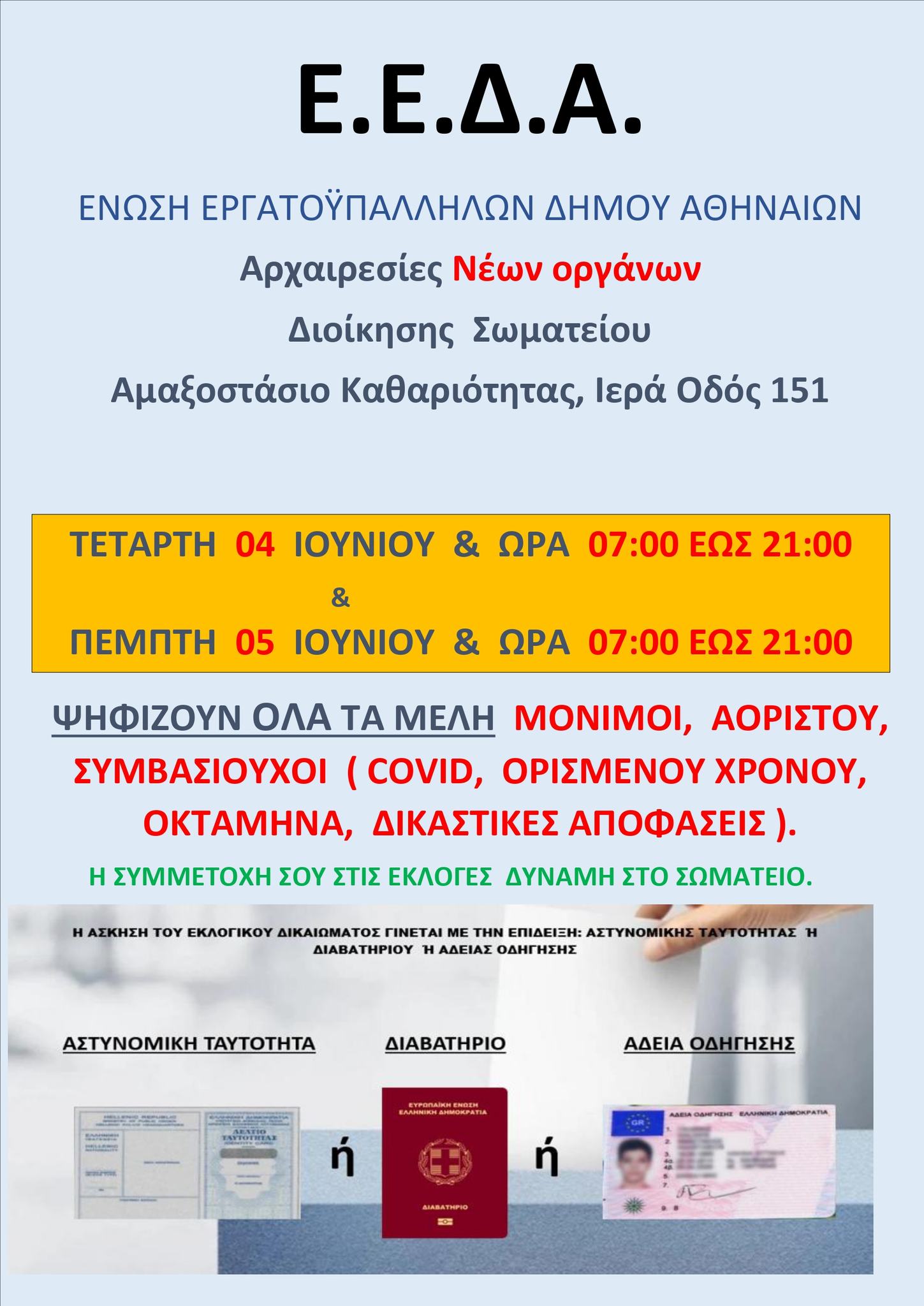 ΕΚΛΟΓΕΣ ΣΩΜΑΤΕΙΟΥ Ε.Ε.Δ.Α. 4-5 ΙΟΥΝΙΟΥ